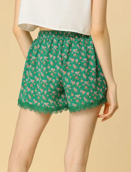 Allegra K - Summer Floral Printed Lace Trim Beach Shorts