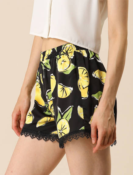 Allegra K - Summer Floral Printed Lace Trim Beach Shorts