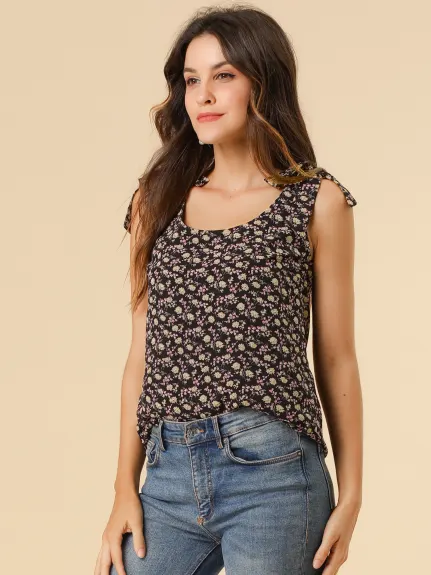 Allegra K- Floral Tie Straps Chiffon Tank Top