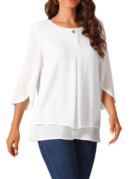 Allegra K - Casual Round Neck 3/4 Sleeve Chiffon Blouse