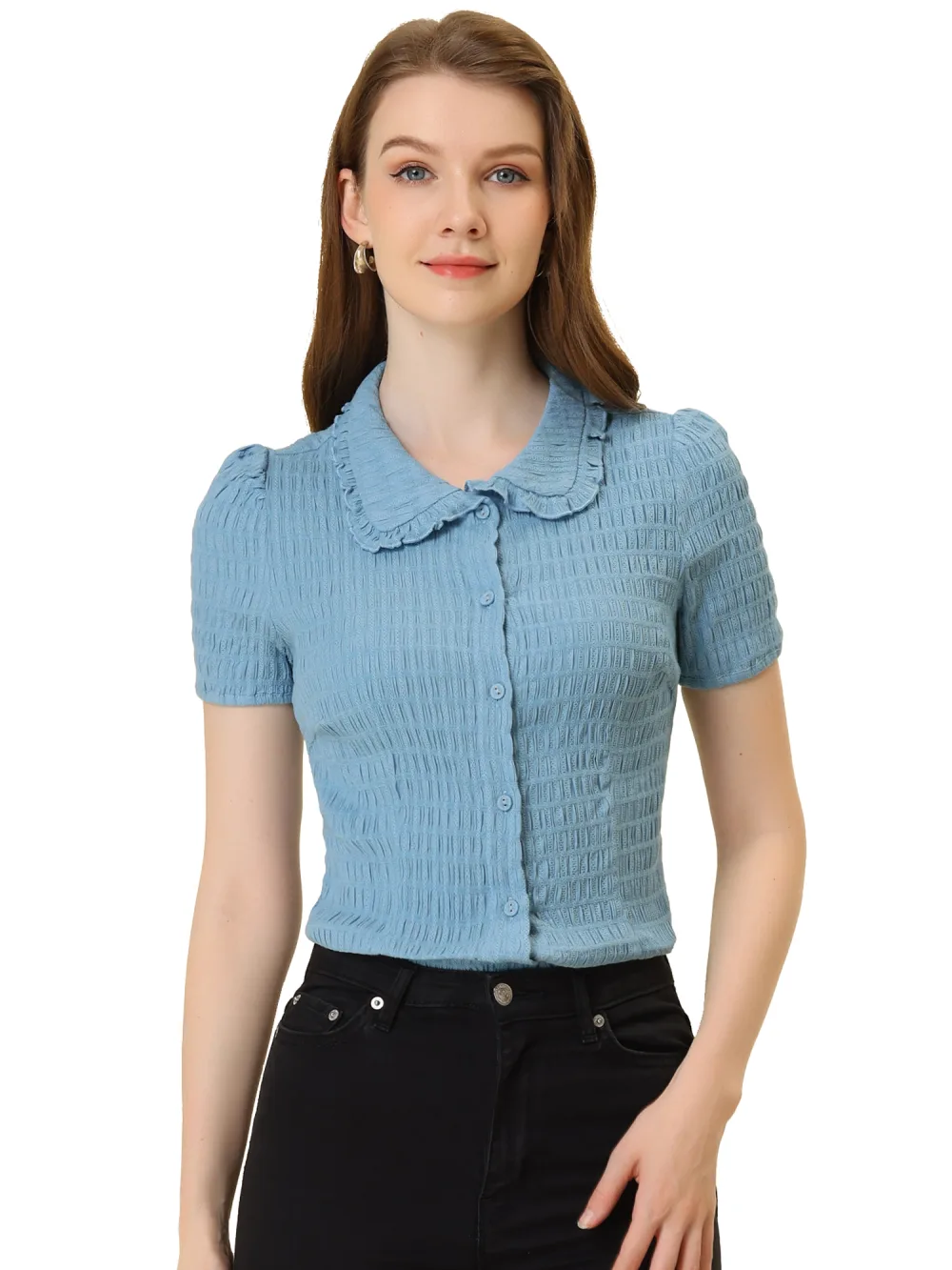 Allegra K- Vintage Sweet Doll Collar Button Down Shirt