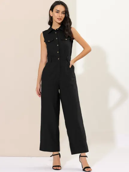 Allegra K- Sleeveless Collared Tie Waist Coverall Button Down Jumpsuit