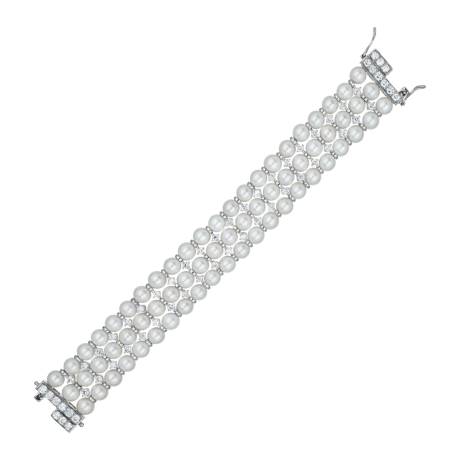 Genevive Sterling Silver White Gold Plated Cubic Zirconia 3 Row Pearl Bracelet