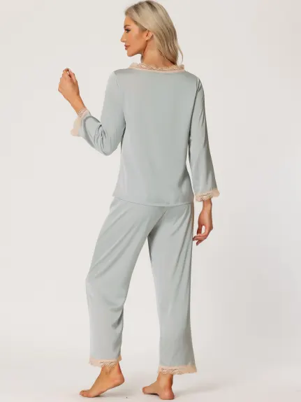 cheibear - Lace Trim Satin Pajama Set