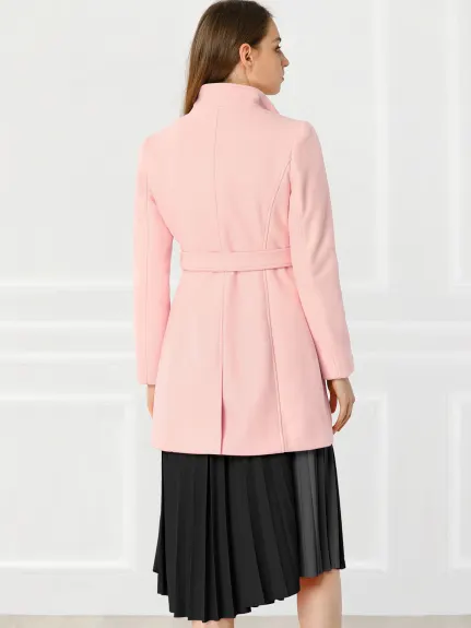 Allegra K- Classic Stand Collar Belted Long Coat