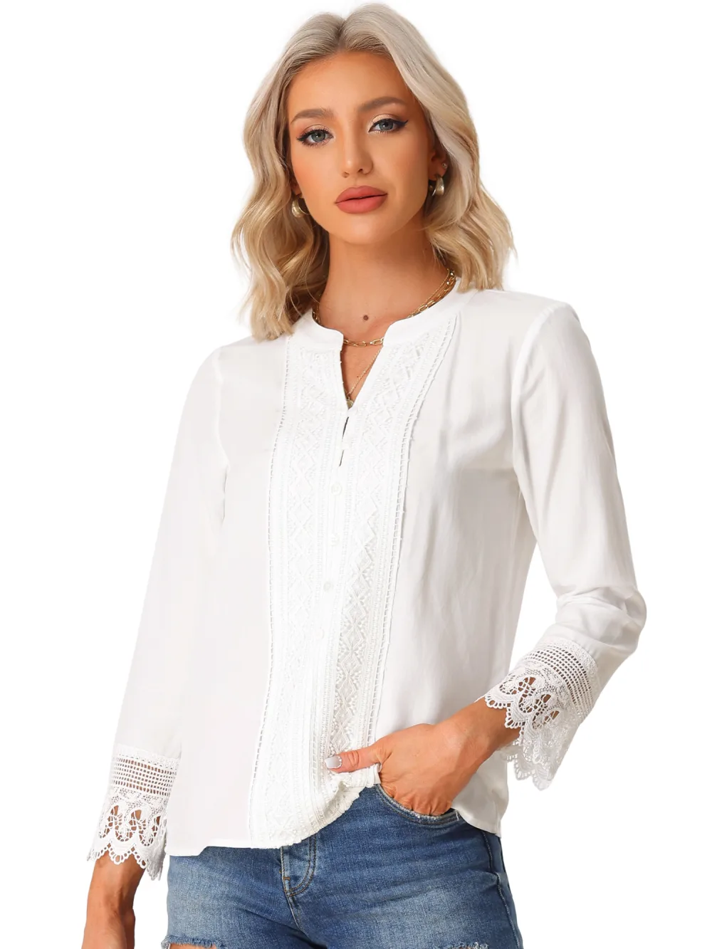 Allegra K - Half Button Placket Lace Crochet Blouse