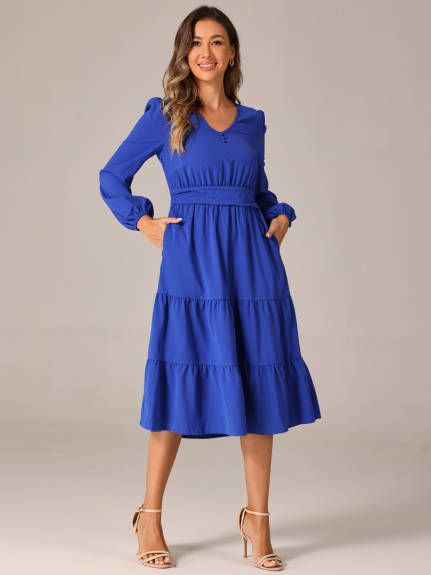 Allegra K - V Neck Lantern Sleeve Ruffle Flowy Dress