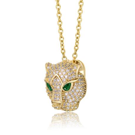 Rachel Glauber 14k Yellow Gold Plated with Emerald & Cubic Zirconia 3D Panther Head Pendant Layering Necklace