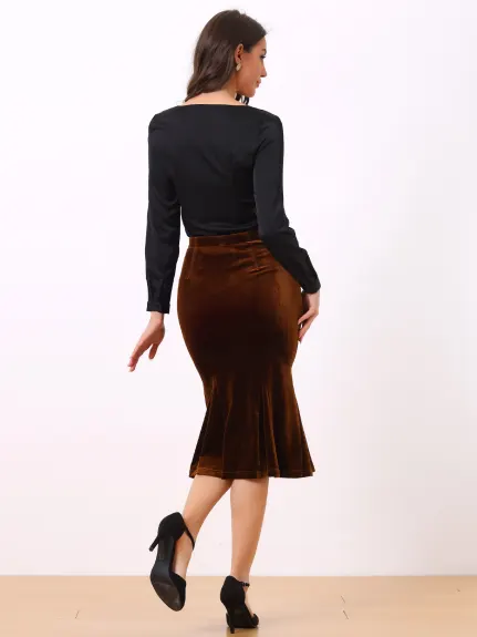 Allegra K- Elastic Waist Velvet Fishtail Bodycon Skirt