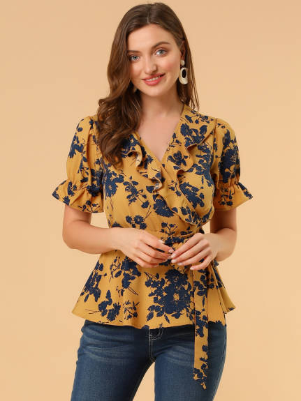 Allegra K- Floral Short Sleeve Ruffled Peplum Blouse