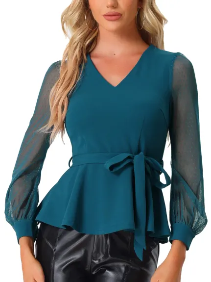 Allegra K - Mesh Long Sleeve Peplum Top with Belt