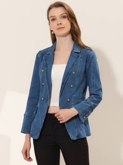 Allegra K- Notched Lapel Button Denim Jacket with Pockets