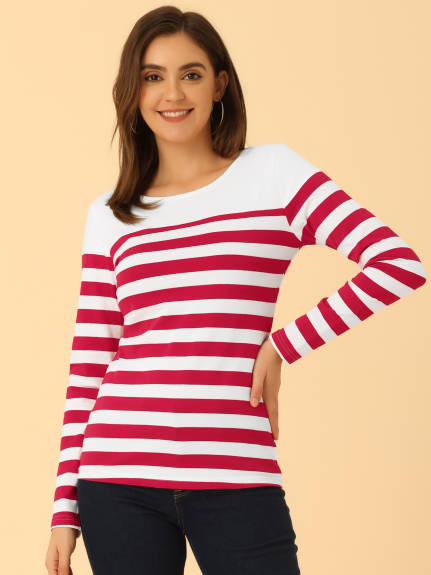 Allegra K- Color Block Long Sleeve Stripe T-Shirt