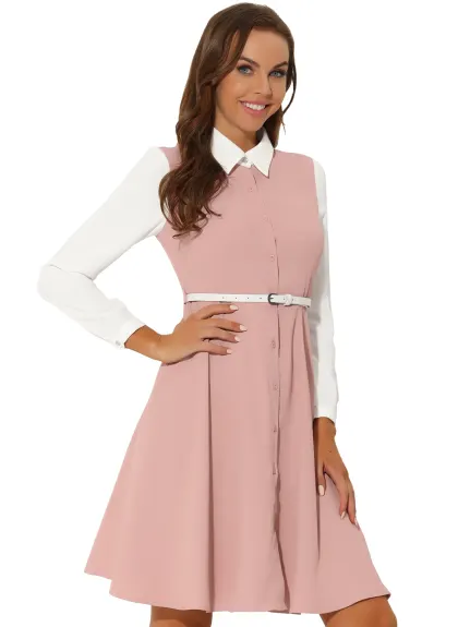 Allegra K- Button Front Dress Long Sleeve Contrast Collar Shirtdress