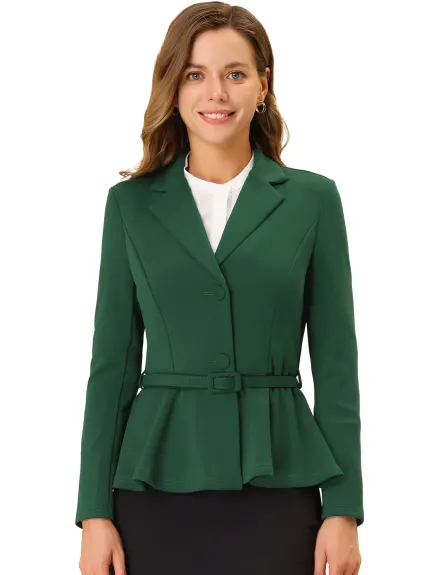 Allegra K- Vintage Blazer Ruffle Hem Belted Notched Lapel