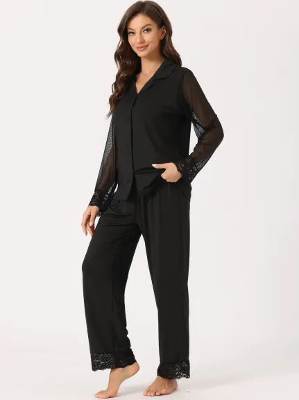 cheibear - Button Down Mesh Sleeve Pajama Set