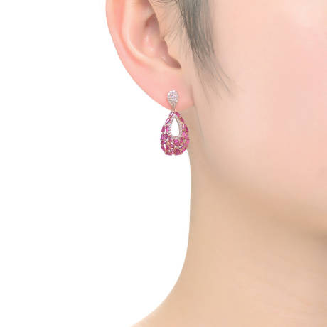 Genevive Sterling Silver with Rose Gold Plated Red Color Baguette and Round Cubic Zirconia Pear Shape Drop Earrings