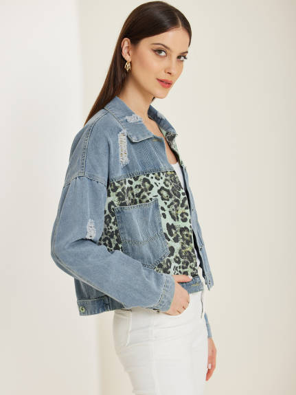 Allegra K - Button Down Cropped Retro Denim Jacket