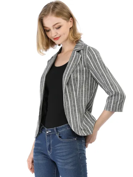 Allegra K- Casual Striped 3/4 Sleeves Open Front Notched Lapel Blazer