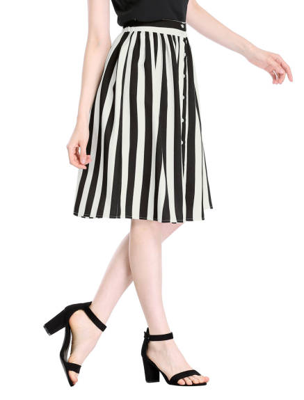 Allegra K - Button A-Line Striped Midi Skirt