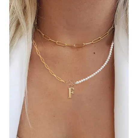 Rachel Glauber 14K Gold Plated Initial "F" Pearl Link Chain Necklace