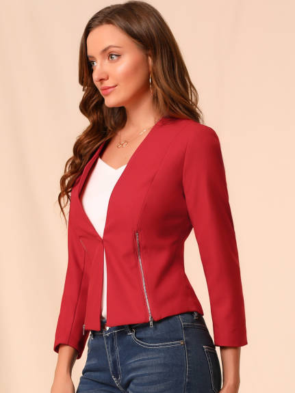 Allegra K- Open Front Zipper Collarless Cropped Blazer