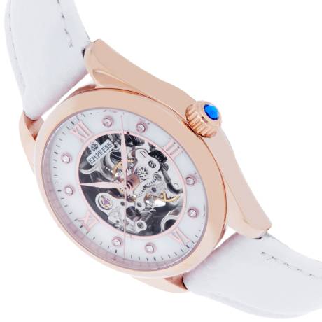 Empress - Magnolia Automatic MOP Skeleton Dial Leather-Band Watch - White/Rose Gold