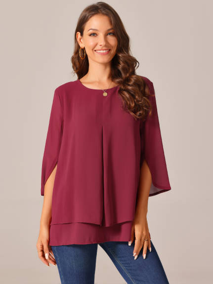 Allegra K - Casual Round Neck 3/4 Sleeve Chiffon Blouse