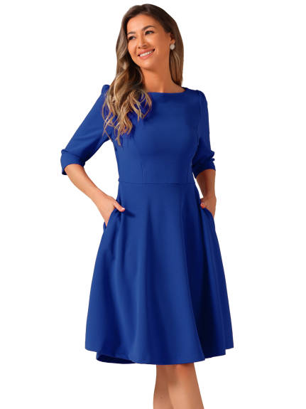 Allegra K - Boat Neck Short Sleeves Midi Office Dress