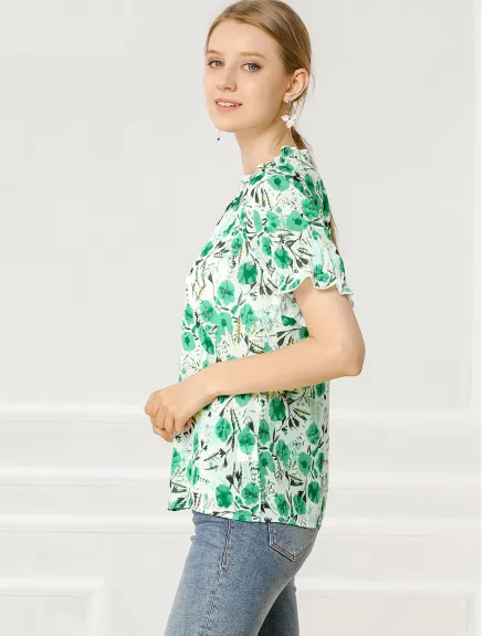 Allegra K- Floral Short Sleeve Ruffle Neck Blouse