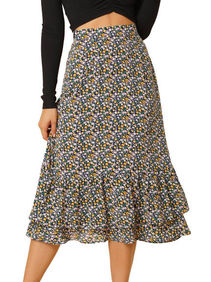 Allegra K- Zipper Printed Chiffon Ruffle Tiered Midi Skirt