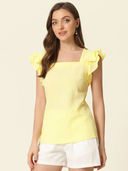 Allegra K - Summer Ruffle Sleeve Gingham Top