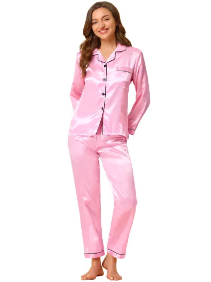 Allegra K - Ensembles de pyjama de détente boutonnés en satin