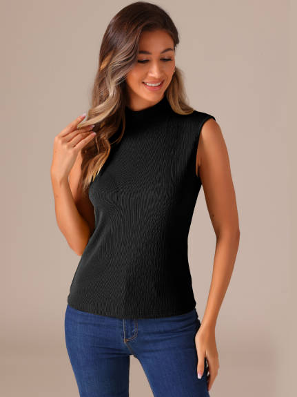 Allegra K - Mock Neck Sleeveless Ribbed Blouse