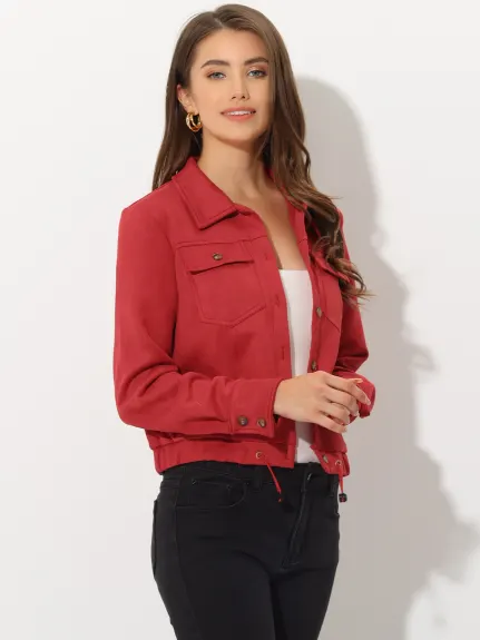 Allegra K- Faux Suede Button Down Cropped Moto Jacket