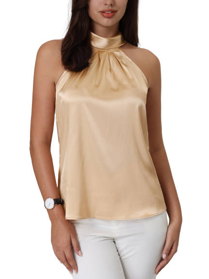 Hobemty -Halter Neck Satin Blouse Tank Top