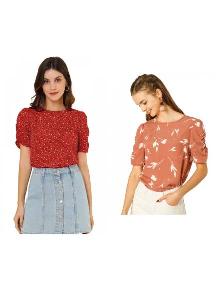 Allegra K- Floral Shirred Short Sleeve Blouse 2-Pack