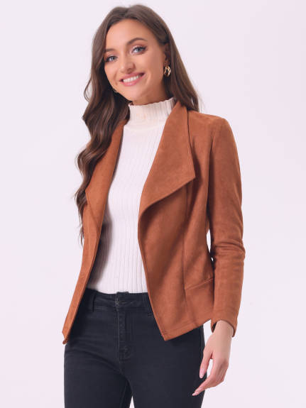 Allegra K- Faux Suede Open Front Lapel Draped Jacket Cardigan