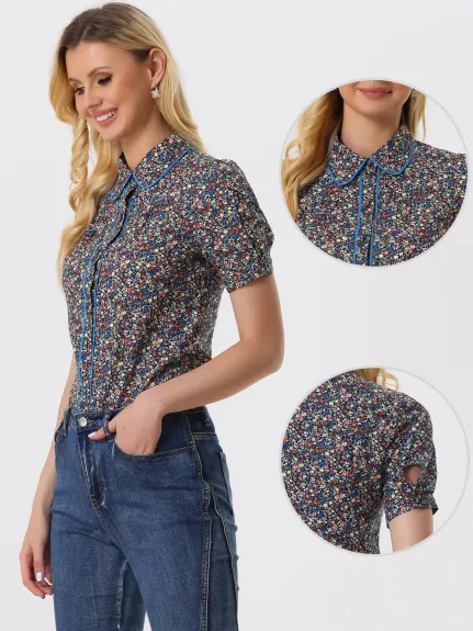 Allegra K- Contrast Trim Puff Sleeve Floral Shirt