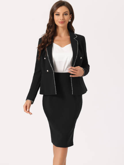 Allegra K- 2 Pieces Suit Tweed Trim Blazer Jacket and Skirt Set