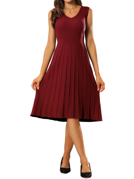 Hobemty- V Neck Knit Pleated Midi Dress