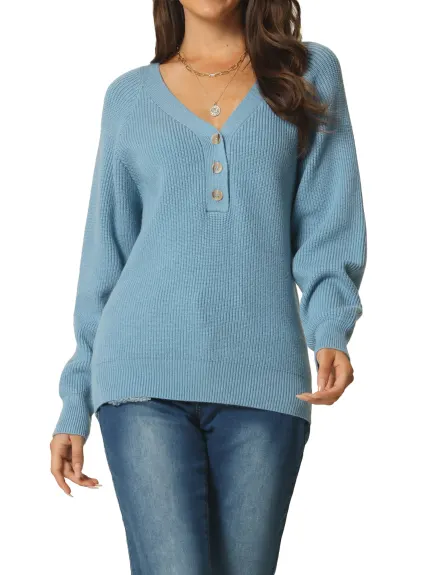 Allegra K- V Neck Button Down Ribbed Knit Pullover Top