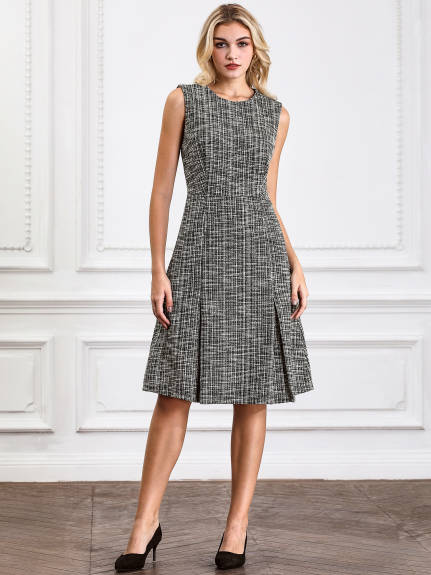 Hobemty - Plaid Sleeveless A-Line Tweed Dress