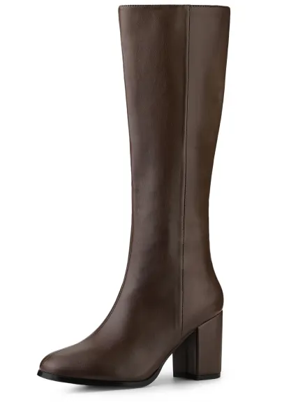 Allegra K - Round Toe Block Heels Knee High Boots