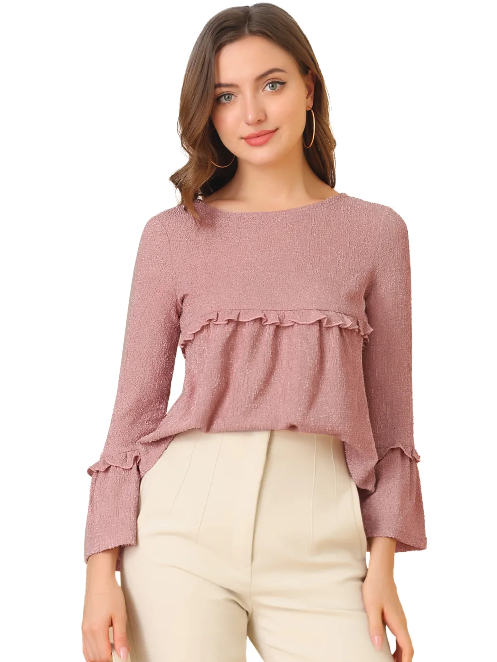 Allegra K - Textured Flare Sleeve Casual Loose Ruffle Top