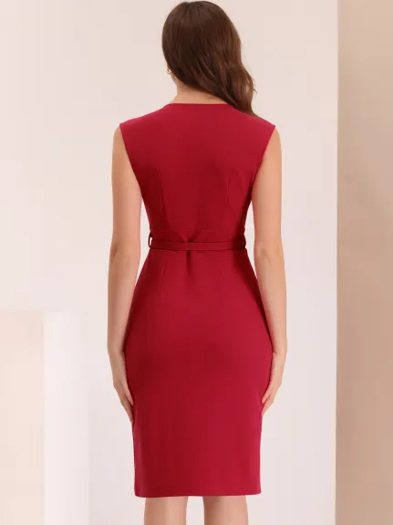 Allegra K- Sheath Sleeveless V Neck Belt Pencil Dress