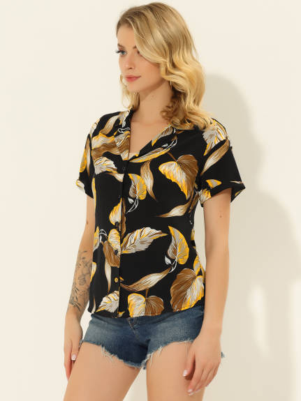 Allegra K- Beach Tropical Floral Leaves Button Down Shirts