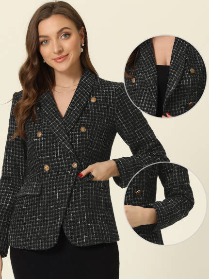 Allegra K - Plaid Double Breasted Work Tweed Jacket