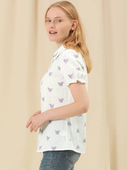 Allegra K - Frilled Short Sleeve Floral Cotton Shirt