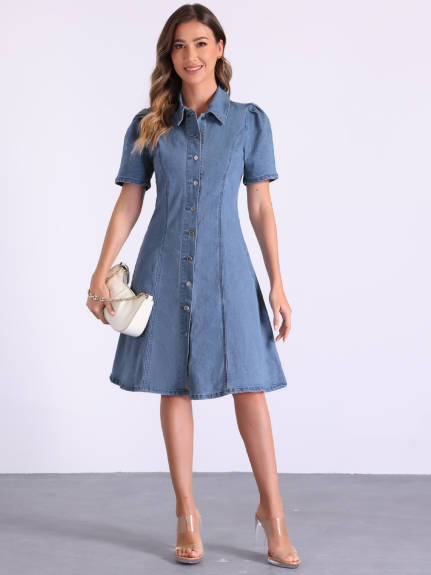 Allegra K - Puff Sleeve Button Down Collared Denim Dress